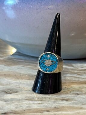 Vintage Sterling Silver Stone Inlay Celestial Ring